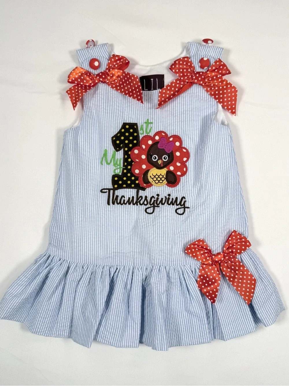 LIL CACTUS Girls 1st Thanksgiving Turkey Seersucker Dress Size 6-12M Boutique